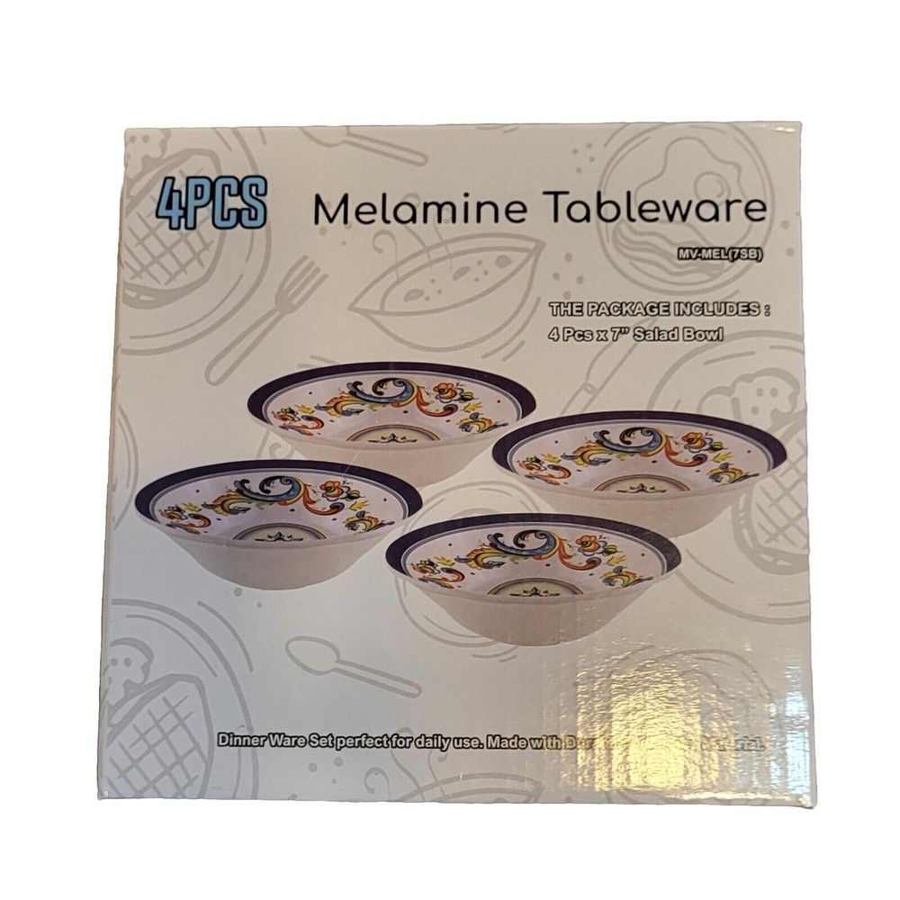 NIB Sebest Global Sources Melamine 4pc 7in Salad Bowls Hamd Painted